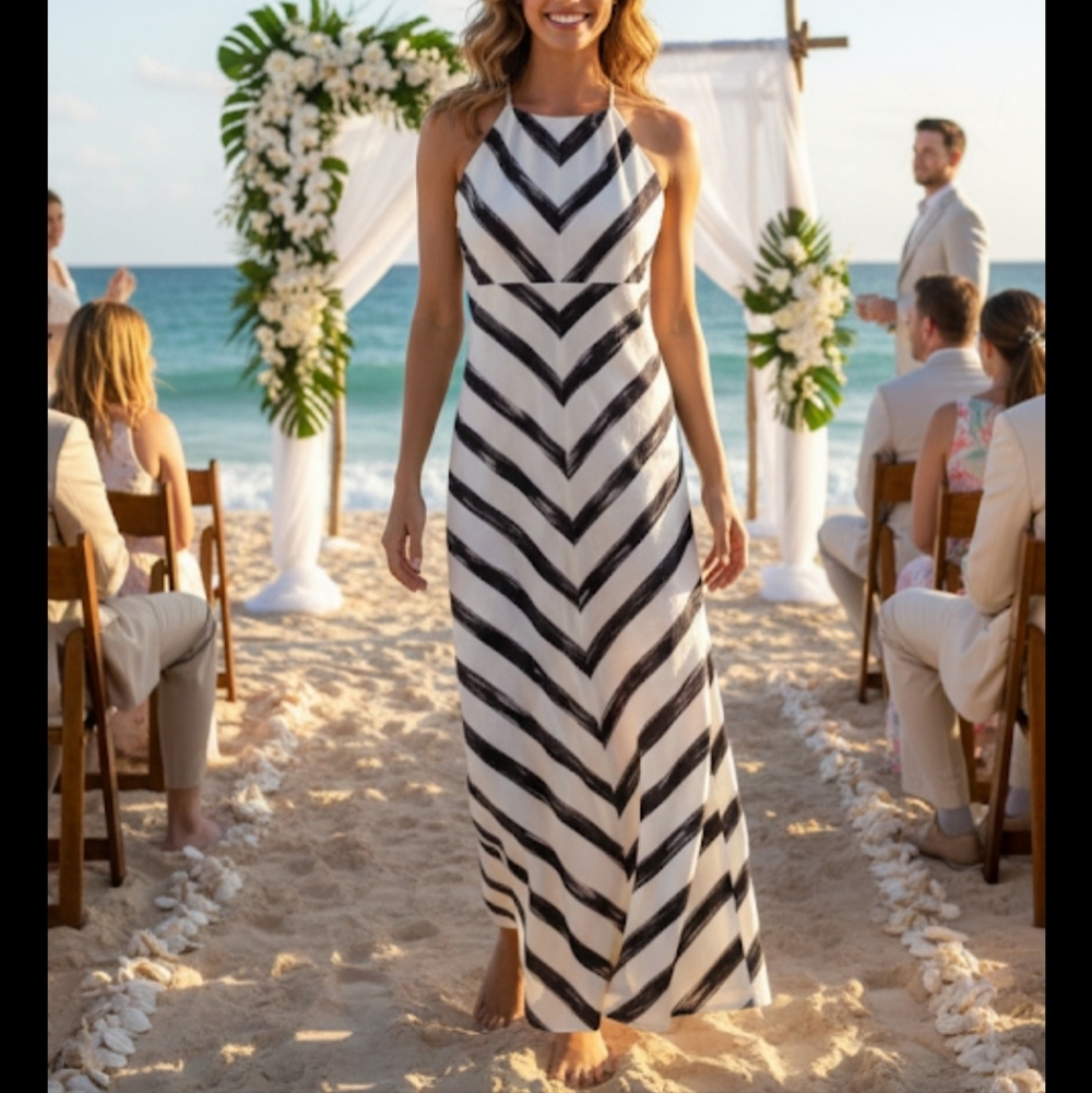 Ann TAYLOR linen Chevron Pattern MAXI Halter Dress NWT